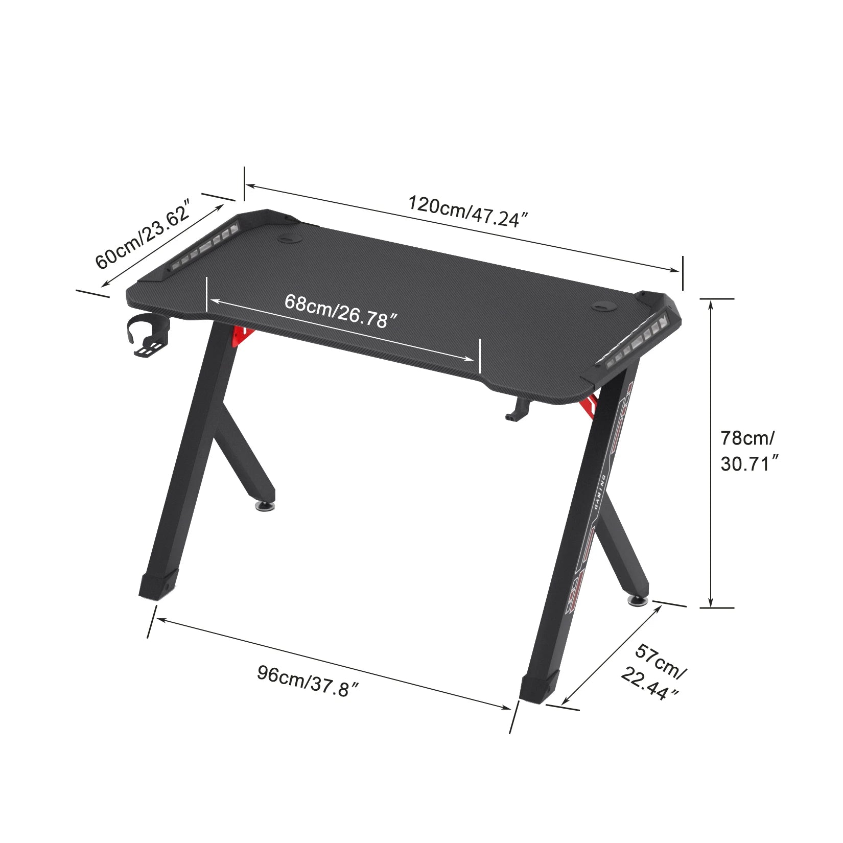 100cm/120cm RGB Gaming Desk Computer Table with LED Lights and Cup Holder