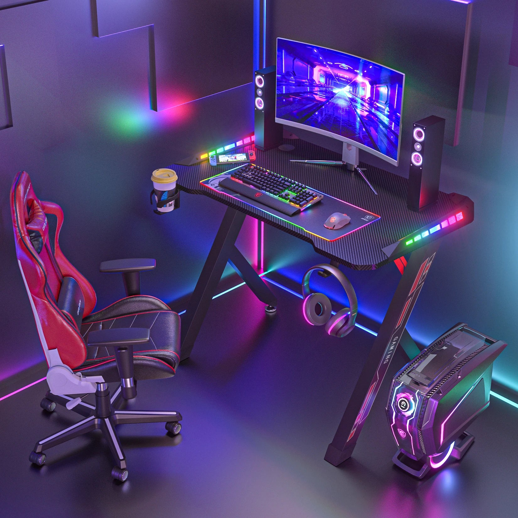 100cm/120cm RGB Gaming Desk Computer Table with LED Lights and Cup Holder